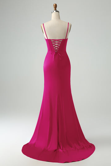 Mermaid Fuchsia Spaghetti Straps Long Corset Formal Dress with Slit